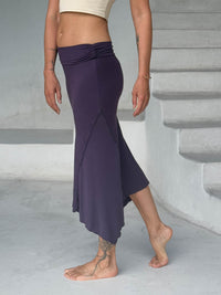 caraucci stretch rayon jersey asymmetrical purple midi skirt #color_plum