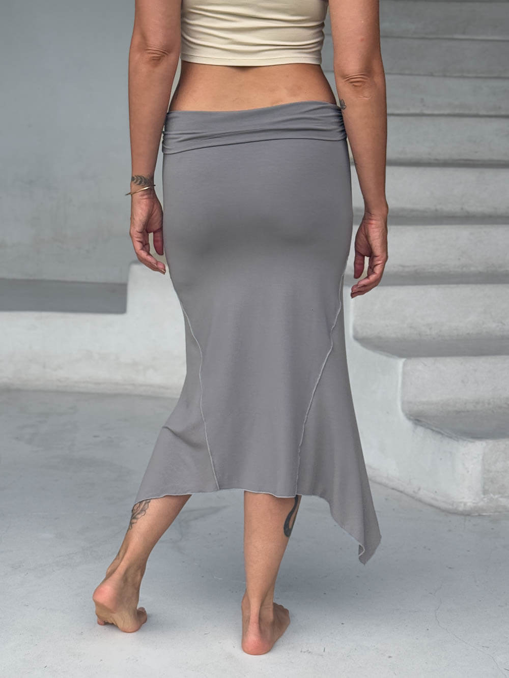 caraucci stretch rayon jersey asymmetrical gray midi skirt #color_stone