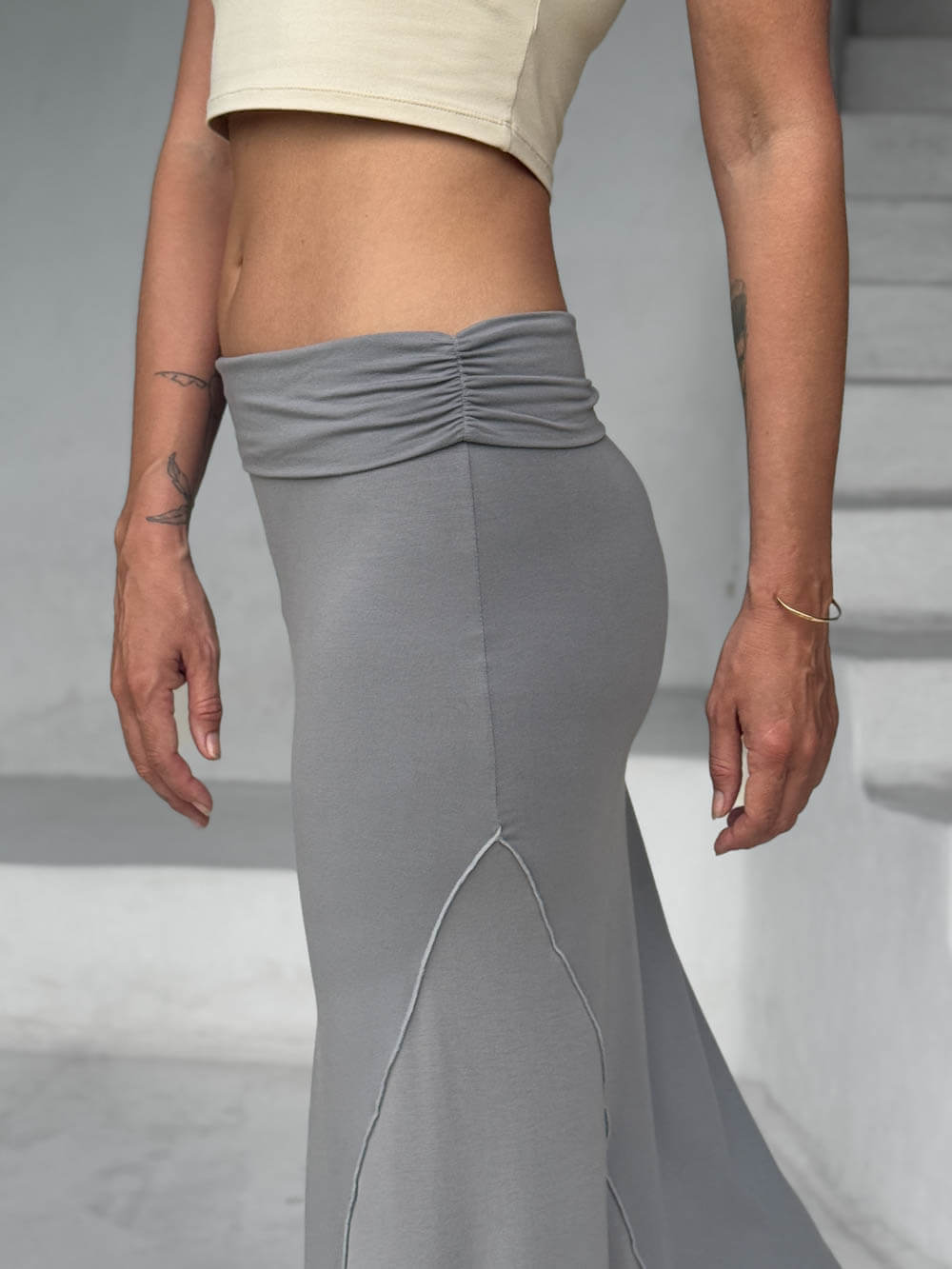 caraucci stretch rayon jersey asymmetrical gray midi skirt #color_stone