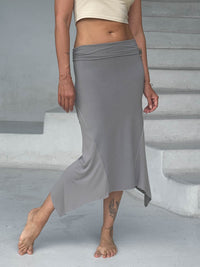 caraucci stretch rayon jersey asymmetrical gray midi skirt #color_stone