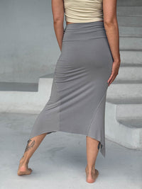 caraucci stretch rayon jersey asymmetrical gray midi skirt #color_stone