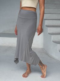 caraucci stretch rayon jersey asymmetrical gray midi skirt #color_stone