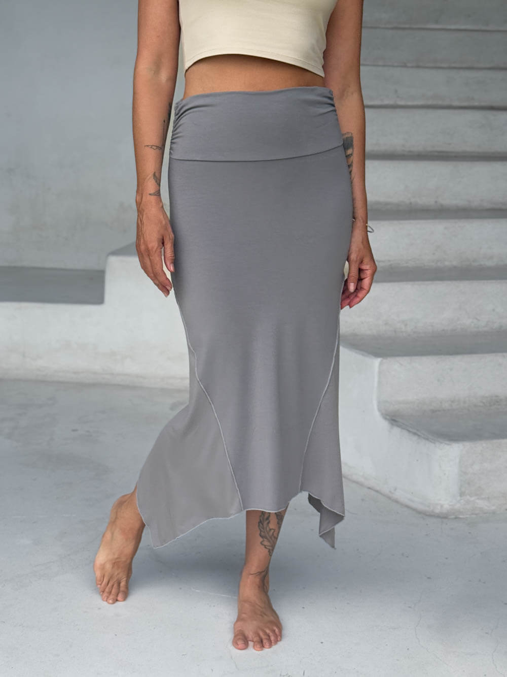 caraucci stretch rayon jersey asymmetrical gray midi skirt #color_stone
