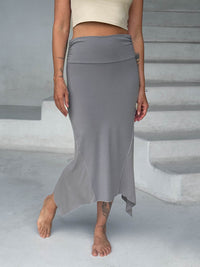 caraucci stretch rayon jersey asymmetrical gray midi skirt #color_stone