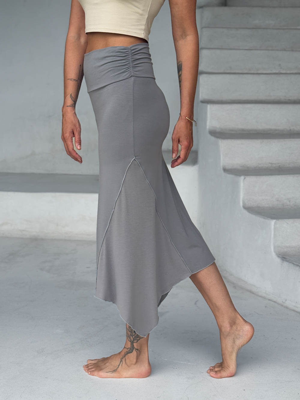 caraucci stretch rayon jersey asymmetrical gray midi skirt #color_stone