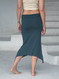 caraucci stretch rayon jersey asymmetrical teal blue midi skirt #color_teal