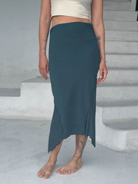caraucci stretch rayon jersey asymmetrical teal blue midi skirt #color_teal