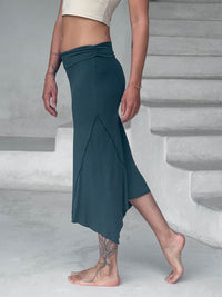 caraucci stretch rayon jersey asymmetrical teal blue midi skirt #color_teal