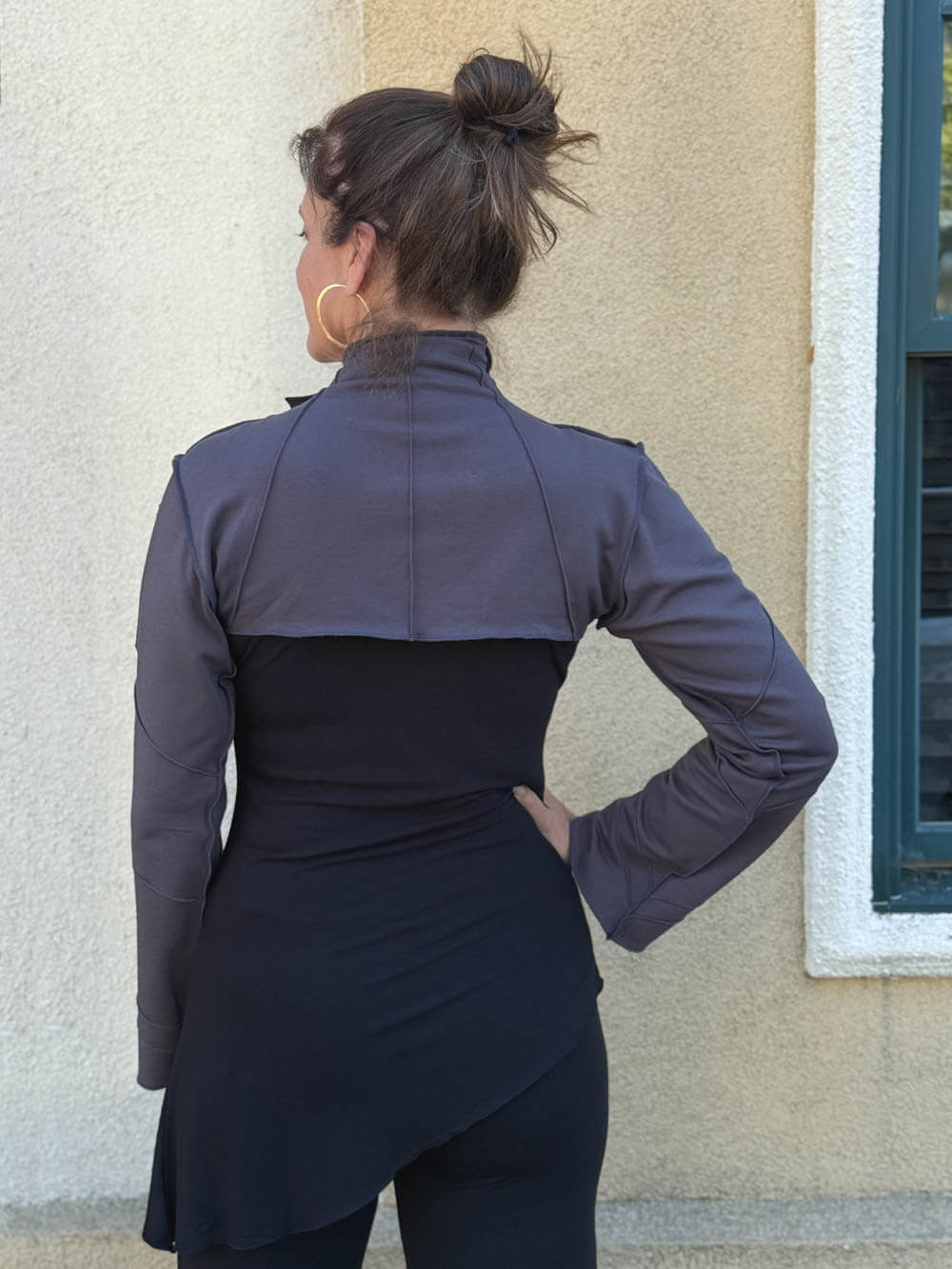 caraucci women's bamboo cotton fleece steel grey blue bolero jacket with raised stitch detailing #color_steel