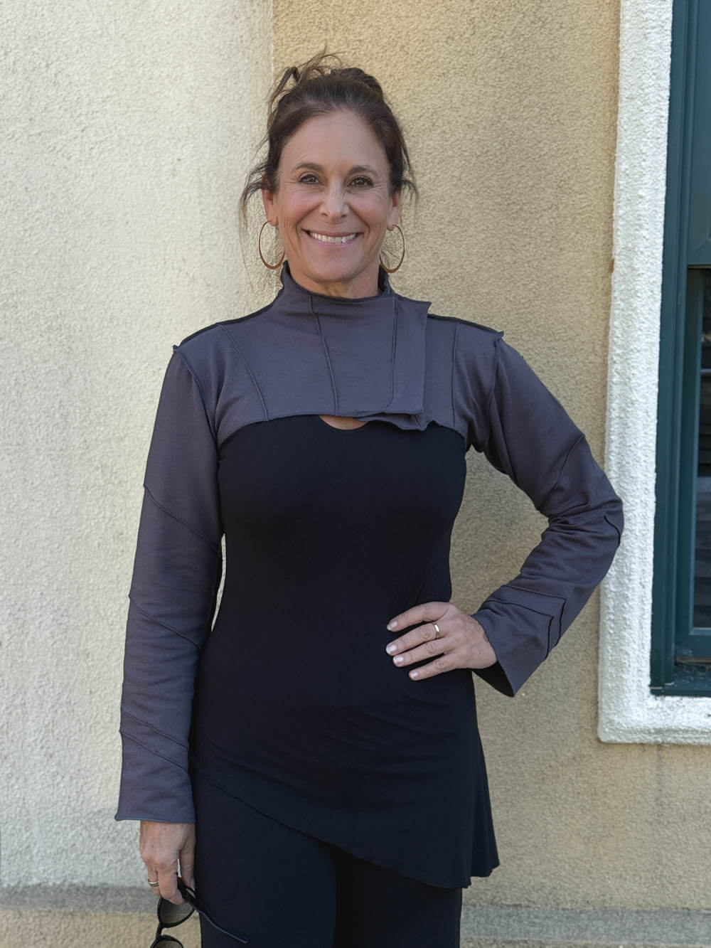 caraucci women's bamboo cotton fleece steel grey blue bolero jacket with raised stitch detailing #color_steel