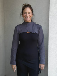 caraucci women's bamboo cotton fleece steel grey blue bolero jacket with raised stitch detailing #color_steel