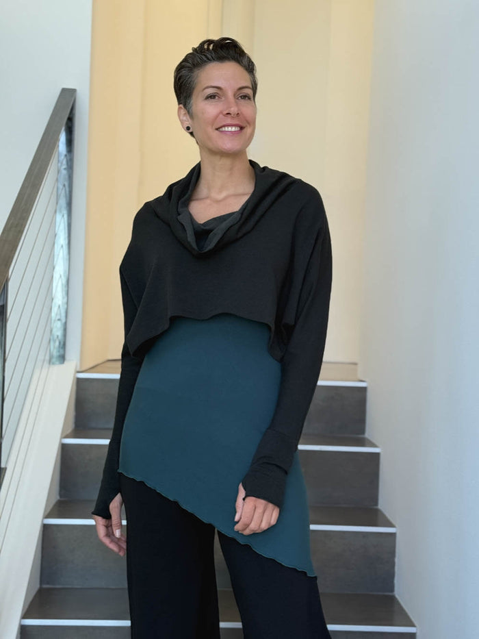 caraucci bamboo cotton fleece black cropped cowl neck long sleeve shrug with thumbholes #color_black