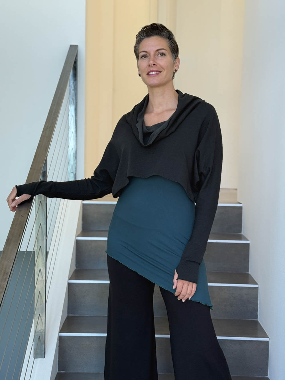 caraucci bamboo cotton fleece black cropped cowl neck long sleeve shrug with thumbholes #color_black