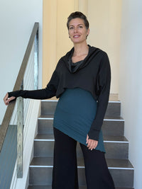 caraucci bamboo cotton fleece black cropped cowl neck long sleeve shrug with thumbholes #color_black