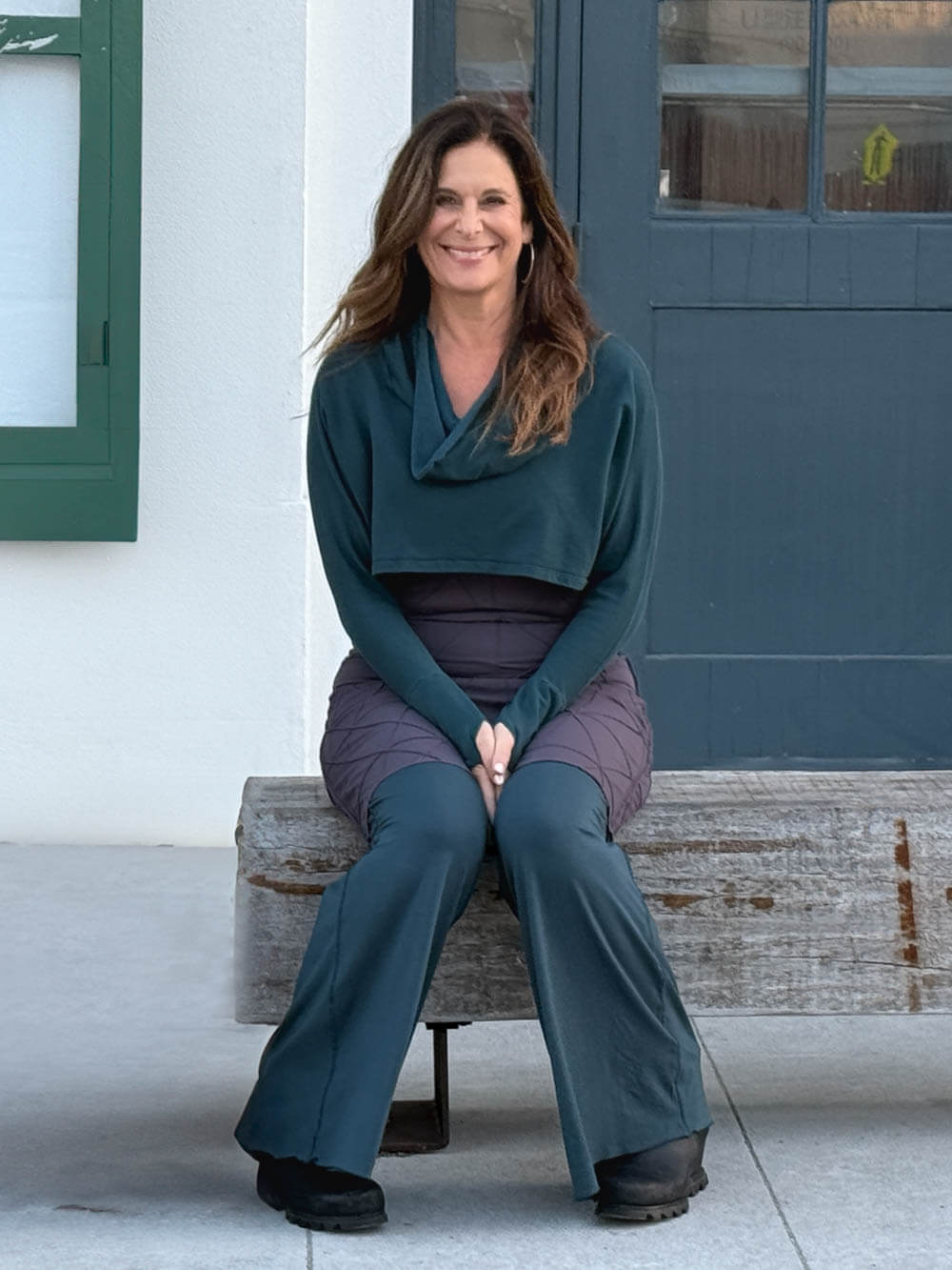 caraucci women's bamboo cotton fleece teal blue dolman cowl shrug with thumbholes #color_teal