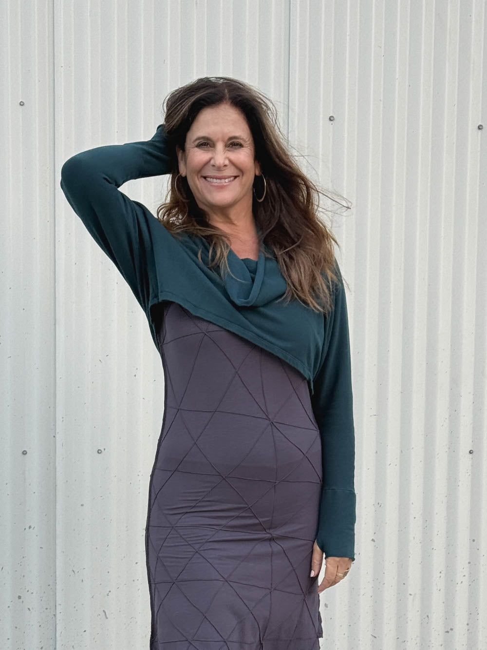 caraucci women's bamboo cotton fleece teal blue dolman cowl shrug with thumbholes #color_teal