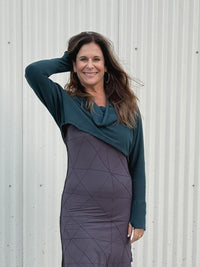 caraucci women's bamboo cotton fleece teal blue dolman cowl shrug with thumbholes #color_teal