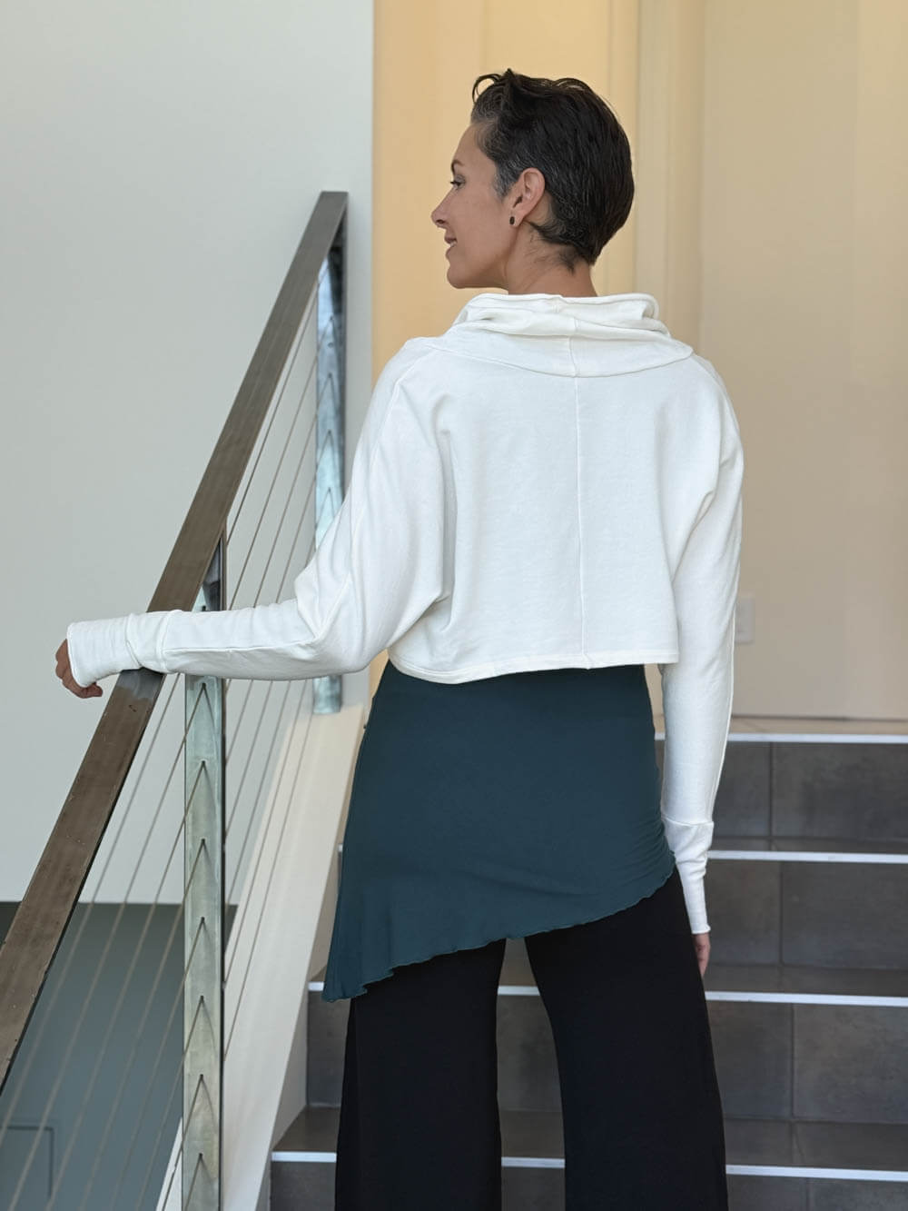 caraucci bamboo cotton fleece white cropped cowl neck long sleeve shrug with thumbholes #color_off-white