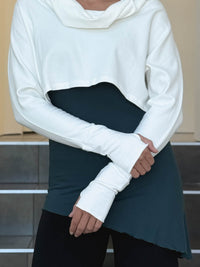 caraucci bamboo cotton fleece white cropped cowl neck long sleeve shrug with thumbholes #color_off-white