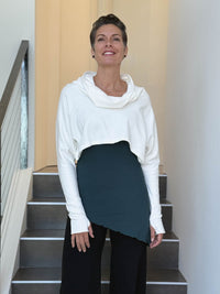 caraucci bamboo cotton fleece white cropped cowl neck long sleeve shrug with thumbholes #color_off-white