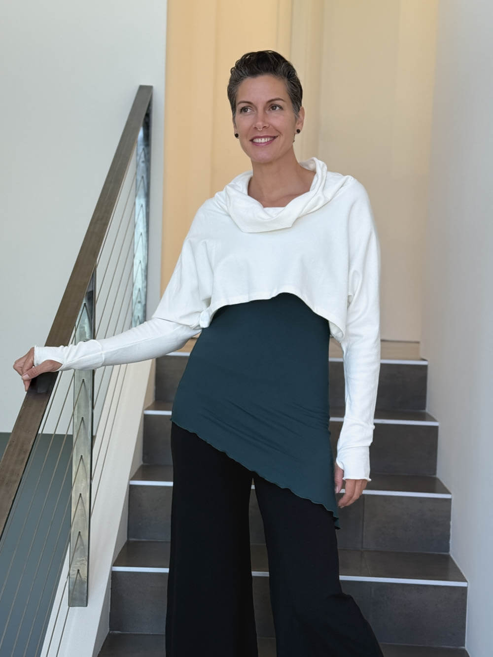 caraucci bamboo cotton fleece white cropped cowl neck long sleeve shrug with thumbholes #color_off-white