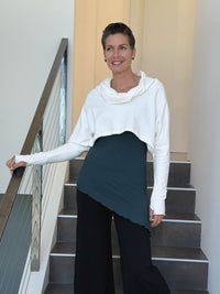 caraucci bamboo cotton fleece white cropped cowl neck long sleeve shrug with thumbholes #color_off-white