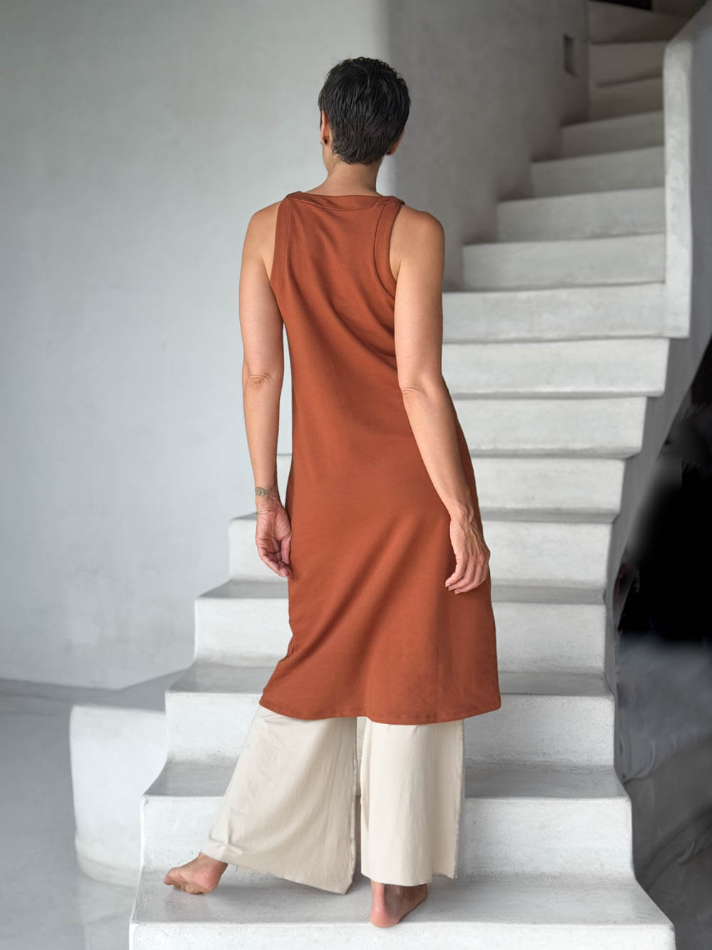 caraucci bamboo fleece orange sleeveless tunic dress #color_copper