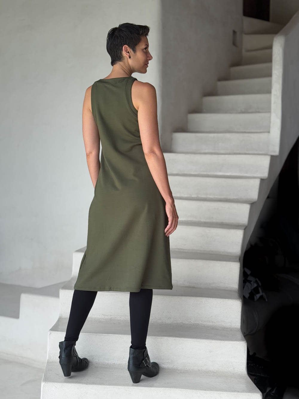 caraucci bamboo fleece forest green sleeveless tunic dress and pocket leggings #color_forest
