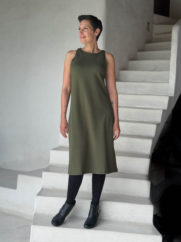 caraucci bamboo fleece forest green sleeveless tunic dress #color_forest