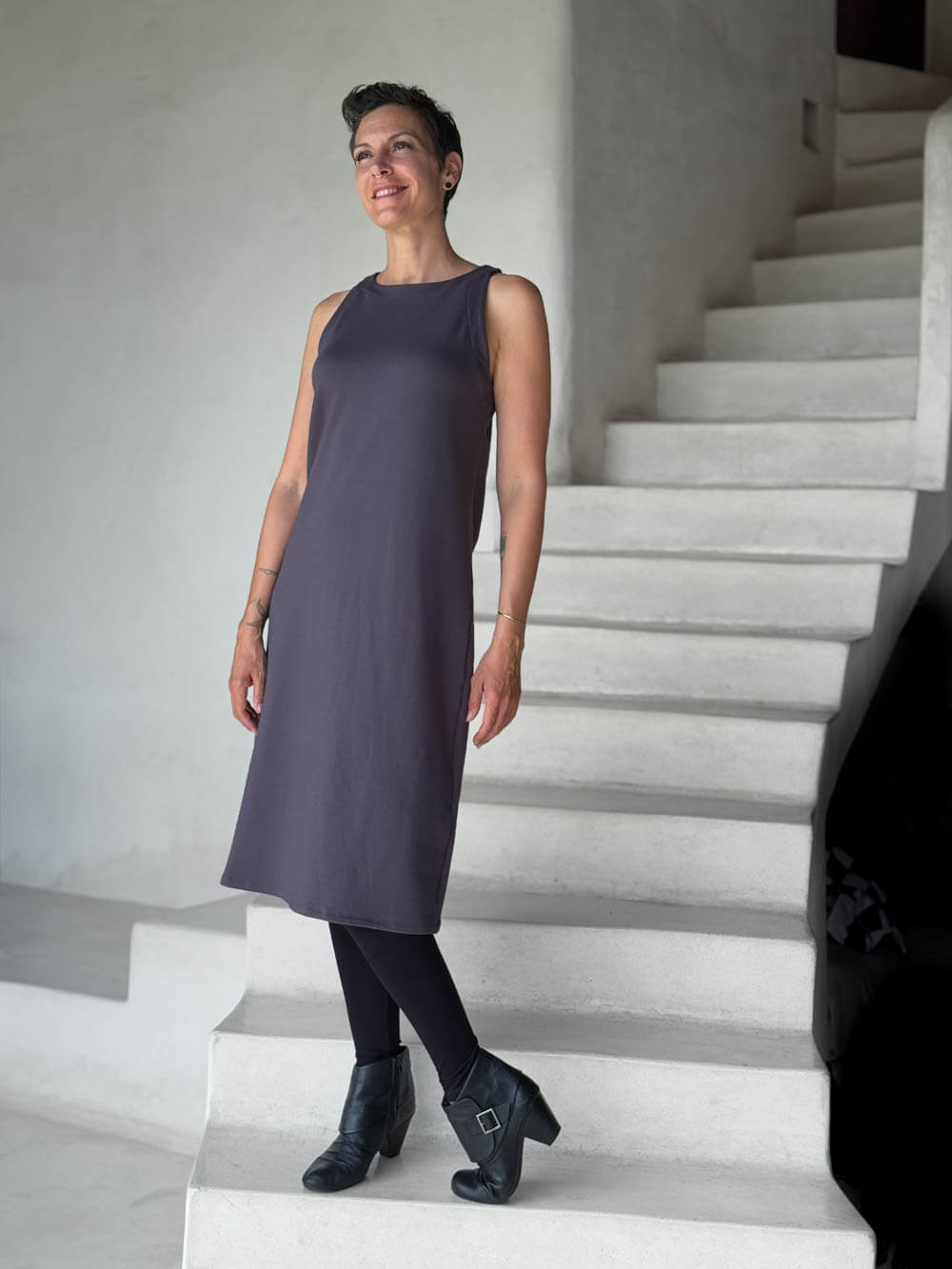caraucci bamboo fleece steel gray sleeveless tunic dress and black pocket leggings #color_steel