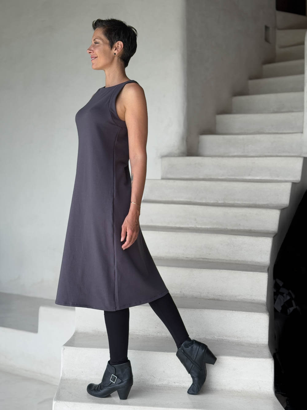 caraucci bamboo fleece steel gray sleeveless tunic dress and black pocket leggings #color_steel