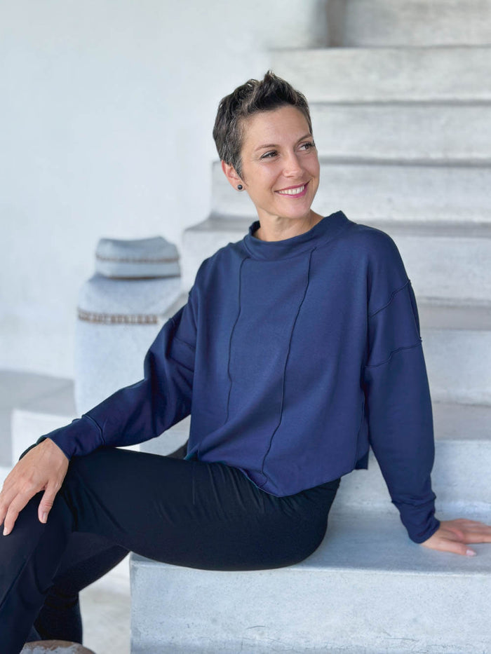 caraucci bamboo cotton fleece navy blue dolman sleeve pullover sweatshirt #color_navy