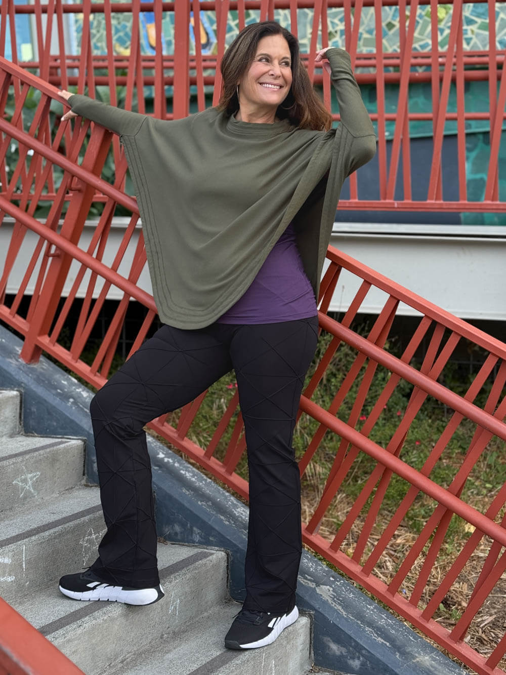 caraucci women's black textured bamboo boot cut pants #color_black