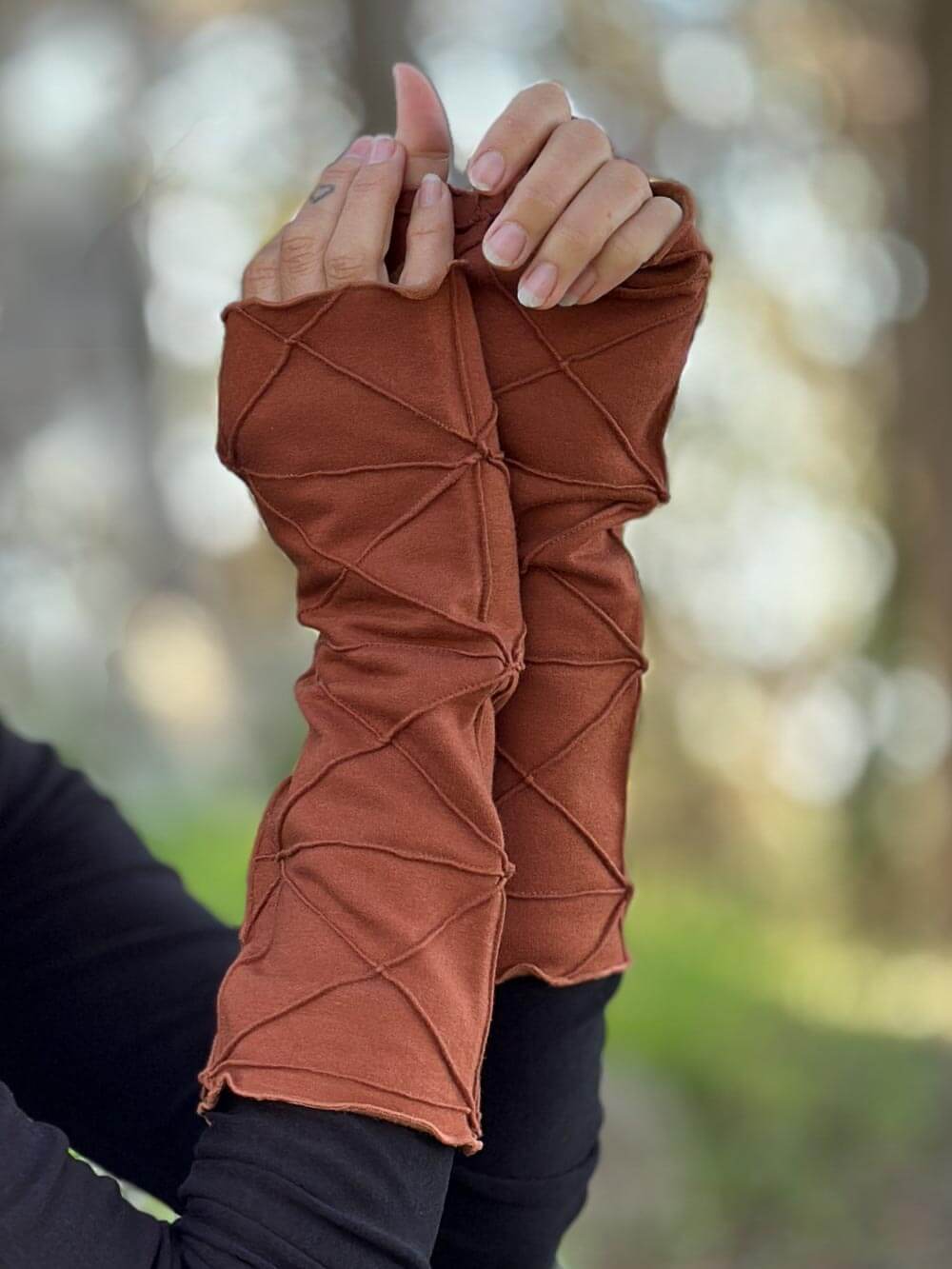 caraucci bamboo cotton fleece textured orange fingerless gloves #color_copper