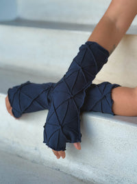 caraucci bamboo cotton fleece textured navy blue fingerless gloves #color_navy