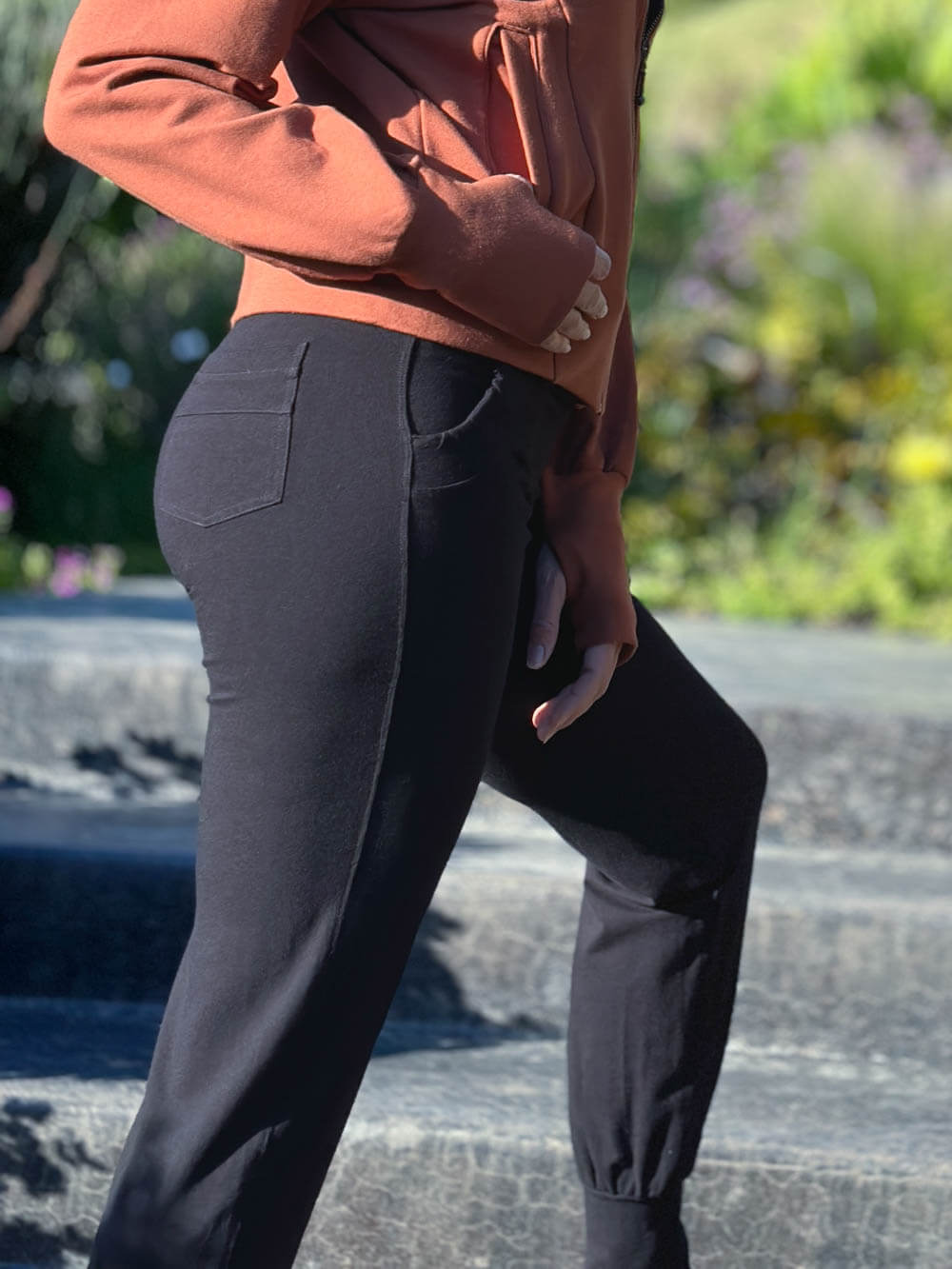 women's bamboo spandex black jogger pants with two front pockets #color_black