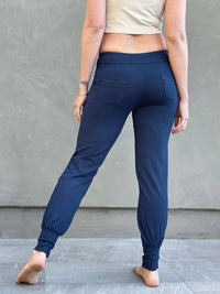 women's bamboo spandex navy blue jogger pants with two front pockets #color_navy