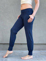 women's bamboo spandex navy blue jogger pants with two front pockets #color_navy