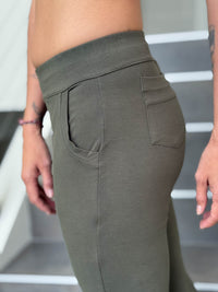 caraucci bamboo forest green flare-leg pants with two front and back pockets #color_forest