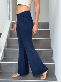 caraucci bamboo navy blue flare-leg pants with two front and back pockets #color_navy