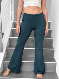 caraucci bamboo teal blue flare-leg pants with two front and back pockets #color_teal