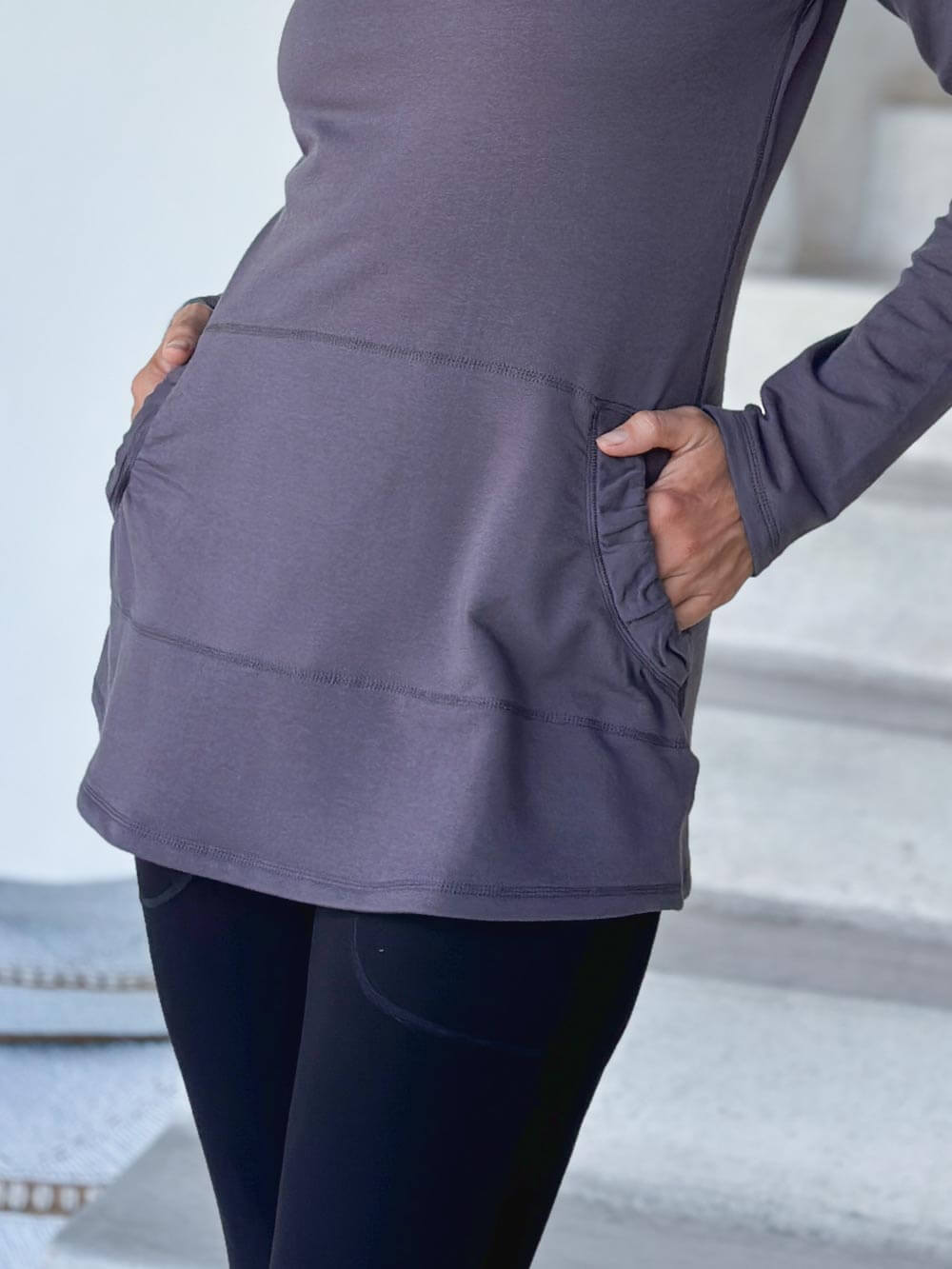 caraucci women's steel gray bamboo cotton fleece pullover with kangaroo pocket #color_steel