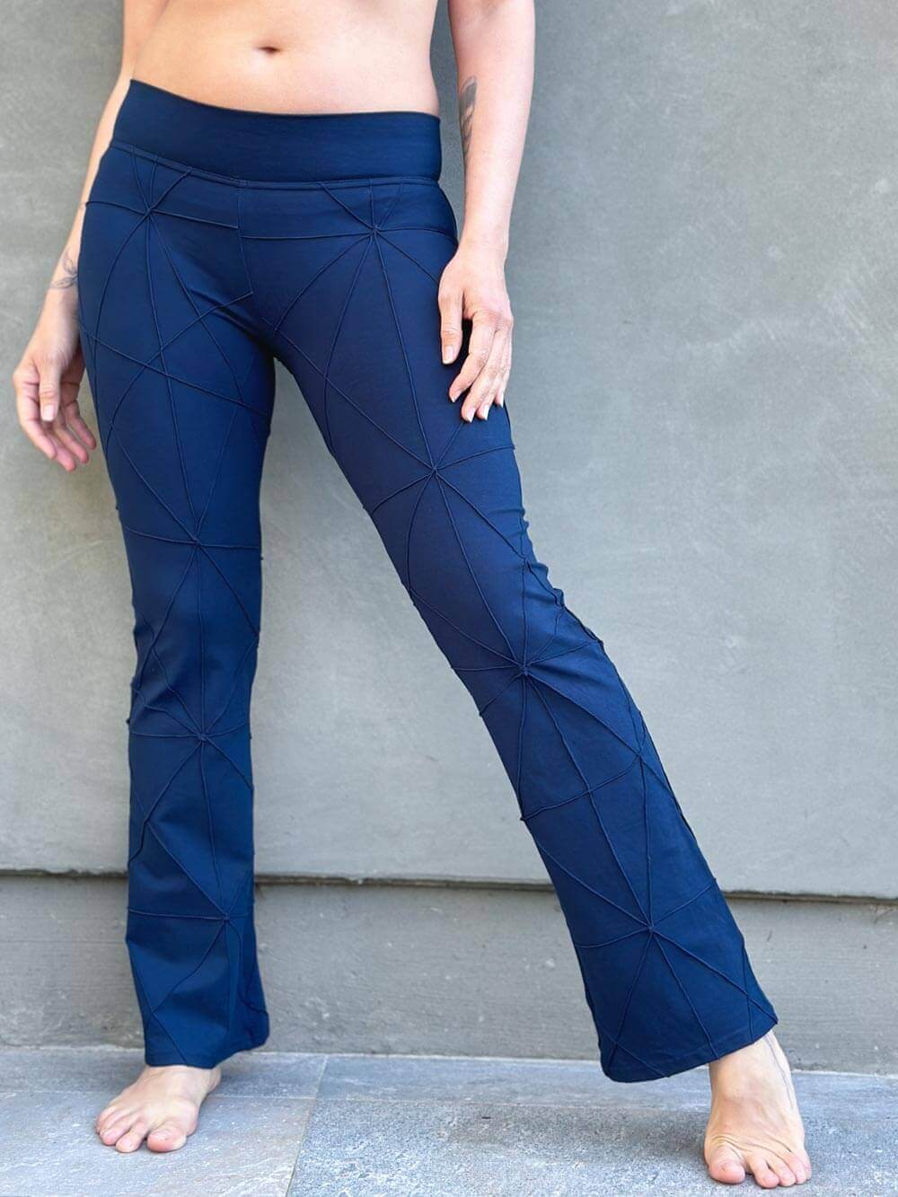 caraucci women's navy blue textured bamboo boot cut pants #color_navy