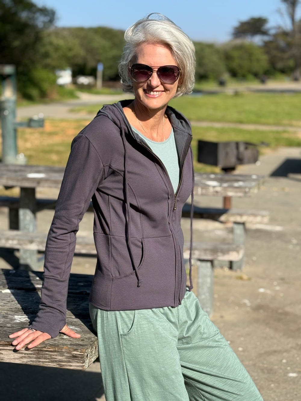 caraucci women's steel grey bamboo fleece zipper hoodie jacket with 2 front pockets #color_steel