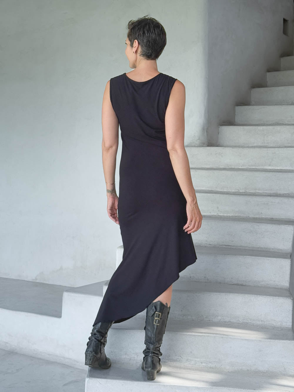 caraucci black sleeveless scoop neck bias cut asymmetrical hem dress #color_black