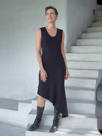 caraucci black sleeveless scoop neck bias cut asymmetrical hem dress #color_black