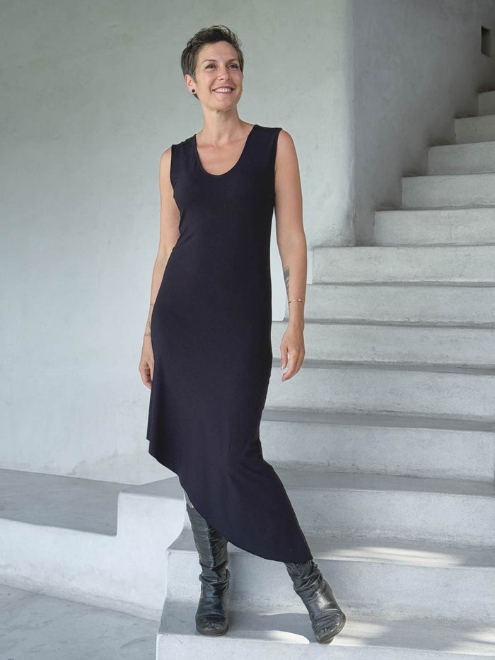 caraucci black sleeveless scoop neck bias cut asymmetrical hem dress #color_black