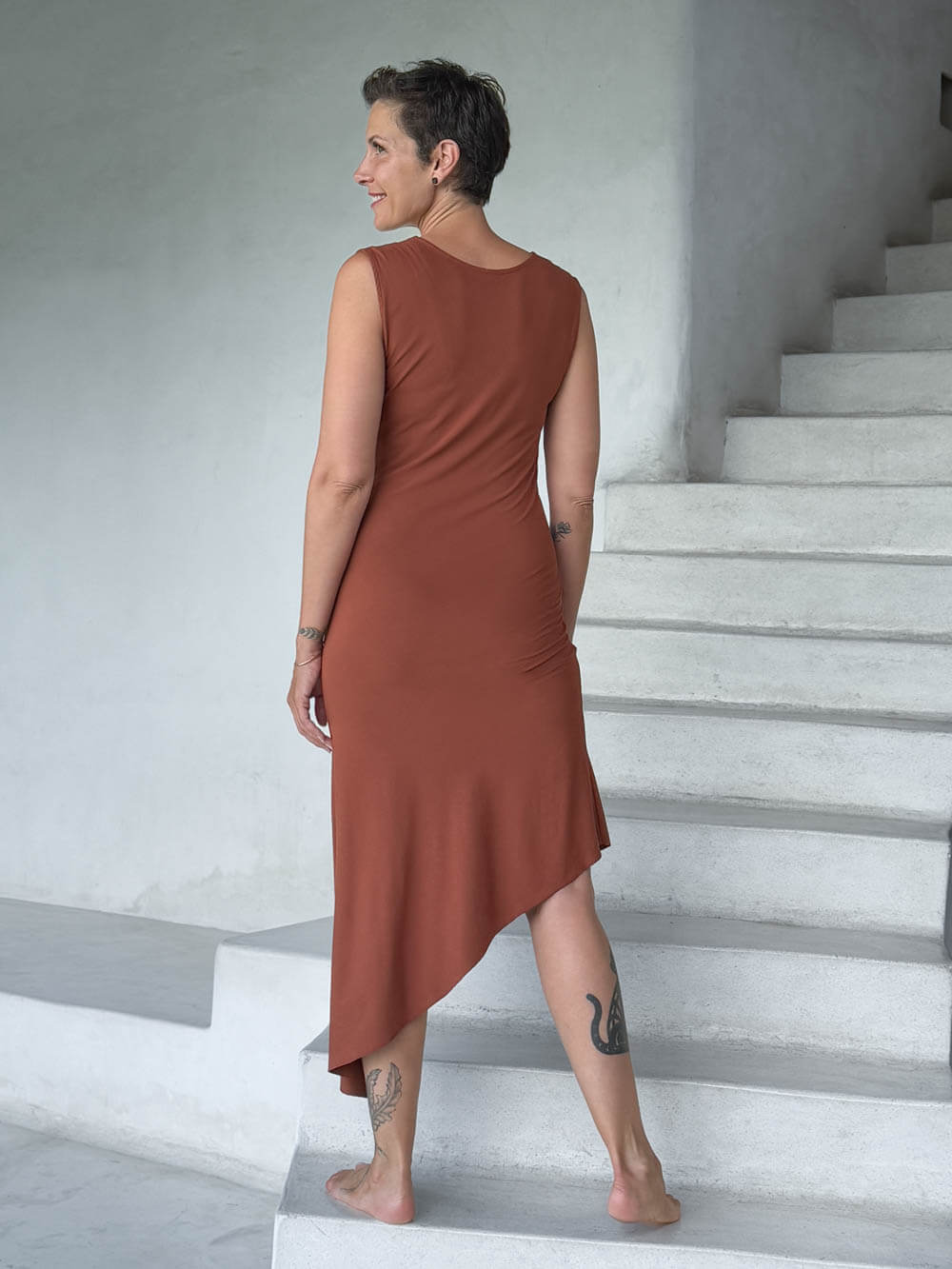 caraucci orange sleeveless scoop neck bias cut asymmetrical hem dress #color_copper