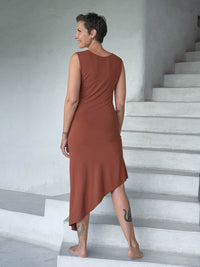 caraucci orange sleeveless scoop neck bias cut asymmetrical hem dress #color_copper