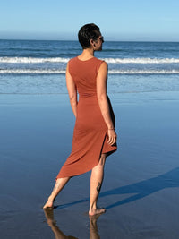 caraucci orange sleeveless scoop neck bias cut asymmetrical hem dress #color_copper